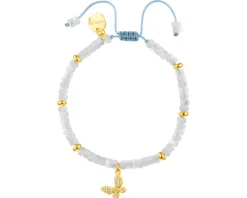 Bransoletka dla dziecka z mosiądzu pozłacana z muszlą i cyrkoniami - motyl