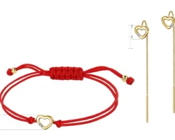 Bransoletka i kolczyki z żółtego złota z diamentami - komplet - serca - 0,01 ct - próba 375