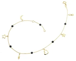 Bransoletka na nogę z żółtego złota z diamentami i agatami - serce, gwiazdy, księżyc, nieskończoność, piórko - próba 375