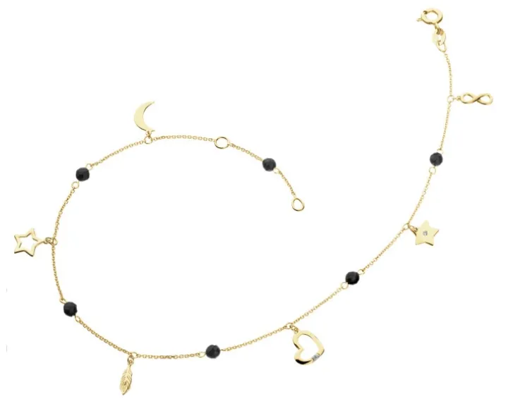 Bransoletka na nogę z żółtego złota z diamentami i agatami - serce, gwiazdy, księżyc, nieskończoność, piórko - próba 375