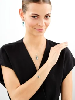 Bransoletka srebrna z cyrkoniami, szlifowanym szkłem i cyrkoniami - motyl, kwiaty