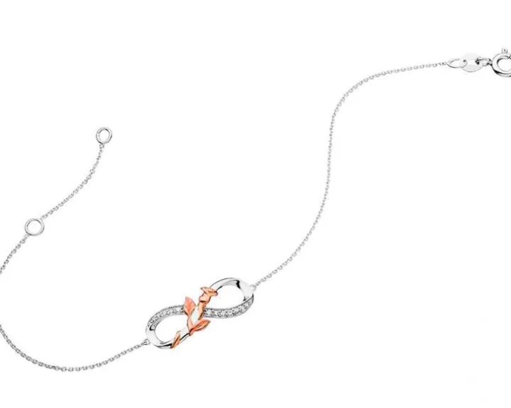 Bransoletka z białego i różowego złota z diamentami - róża, nieskończoność - 0,06 ct - próba 375