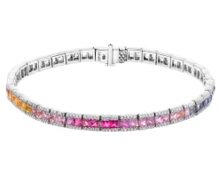 Bransoletka z białego złota z brylantami i szafirami kolorowymi - 18 cm - próba 585