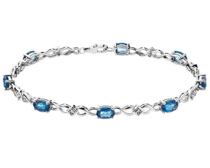 Bransoletka z białego złota z diamentami i topazami London Blue - 18 cm - próba 585