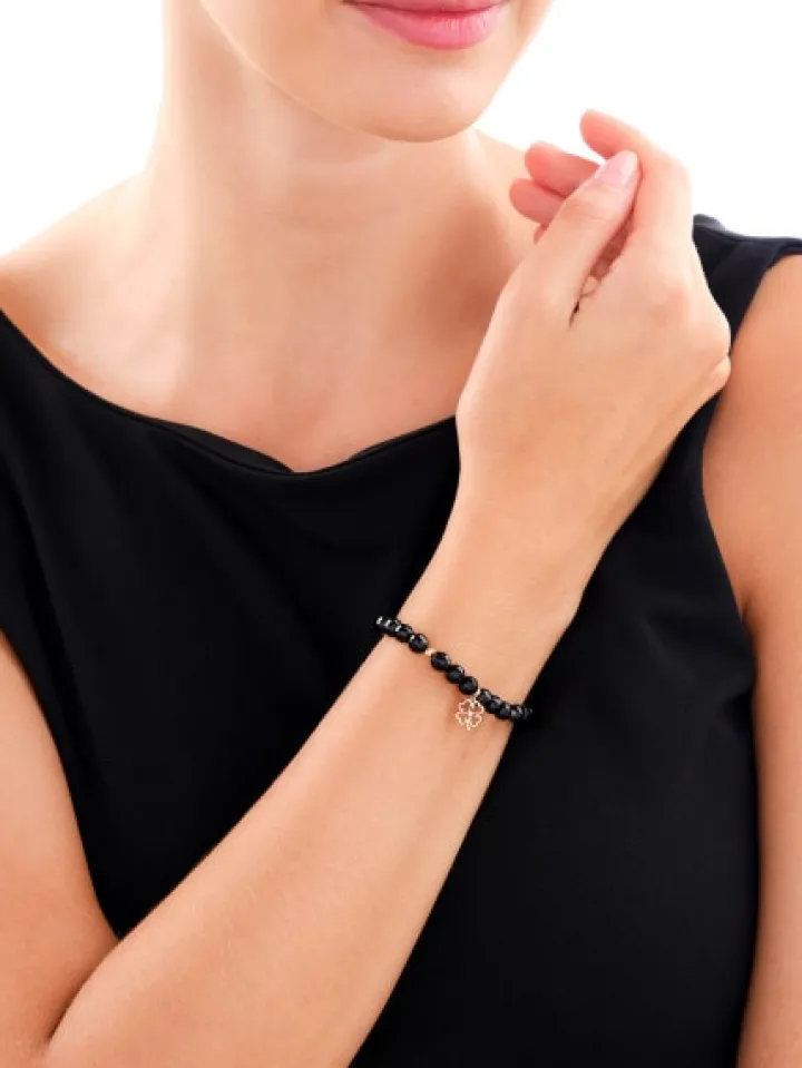 Bransoletka z brylantem, agatami i elementami żółtego złota - koniczyna - próba 375