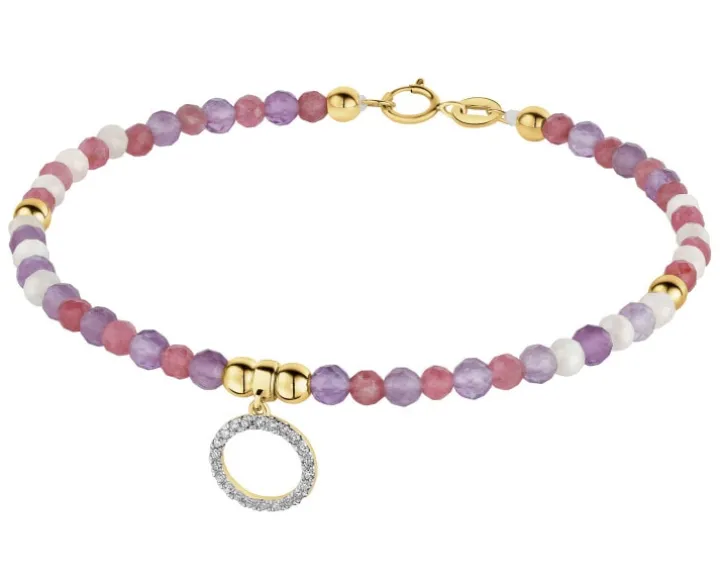 Bransoletka z diamentami, ametystami, turmalinami, kryształami górskimi i elementami żółtego złota - koło - 18 cm - próba 585