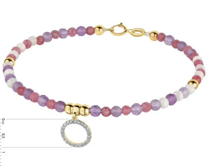 Bransoletka z diamentami, ametystami, turmalinami, kryształami górskimi i elementami żółtego złota - koło - 18 cm - próba 585