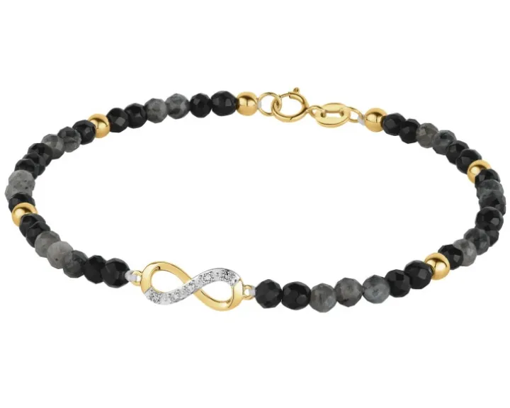 Bransoletka z diamentami, labradorytami, agatami i elementami żółtego złota - nieskończoność - 18 cm - próba 375