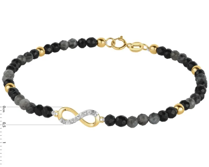 Bransoletka z diamentami, labradorytami, agatami i elementami żółtego złota - nieskończoność - 18 cm - próba 375