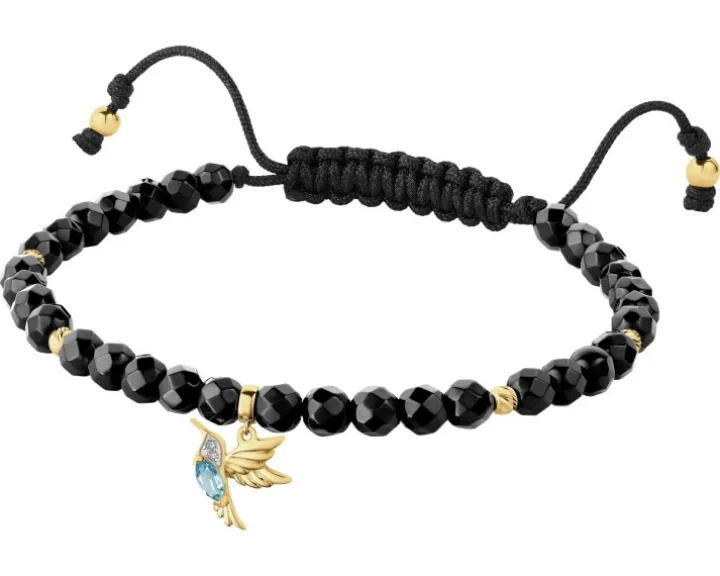 Bransoletka z diamentami, topazem London Blue, agatami i elementami żółtego złota - koliber - próba 375