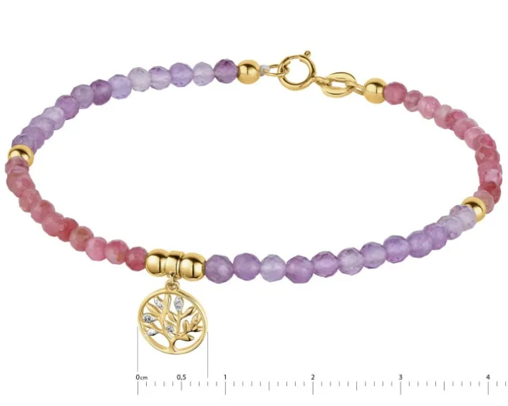 Bransoletka z diamentami, ametystami, turmalinami i elementami żółtego złota - drzewko - 18 cm - próba 375