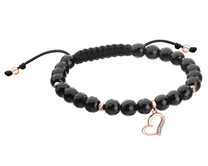 Bransoletka z diamentami, agatami i elementami różowego złota - serce - próba 375