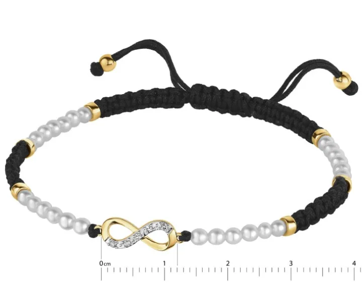 Bransoletka z diamentami, perłami i elementami żółtego złota - nieskończoność - próba 375