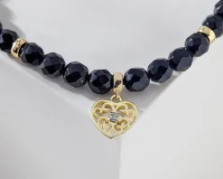 Bransoletka z diamentem, agatami i elementami żółtego złota - serce - próba 375