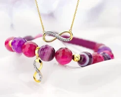 Bransoletka z diamentem, agatami i elementami żółtego złota - nieskończoność - próba 375