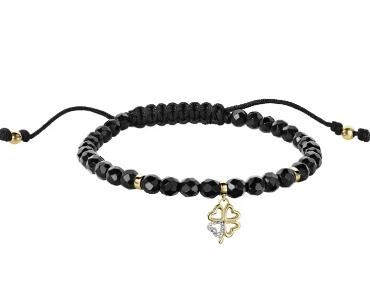 Bransoletka z diamentem, agatami i elementami żółtego złota - koniczyna - próba 375