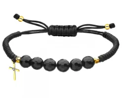 Bransoletka z diamentem, agatami i elementami żółtego złota - krzyż - próba 375