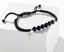 Bransoletka z diamentem, agatami i elementami żółtego złota - krzyż - próba 375