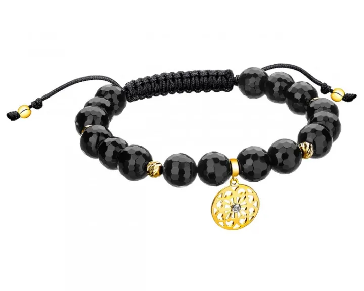 Bransoletka z diamentem, agatami i elementami żółtego złota - rozeta - próba 375