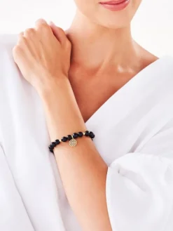 Bransoletka z diamentem, agatami i elementami żółtego złota - rozeta - próba 375