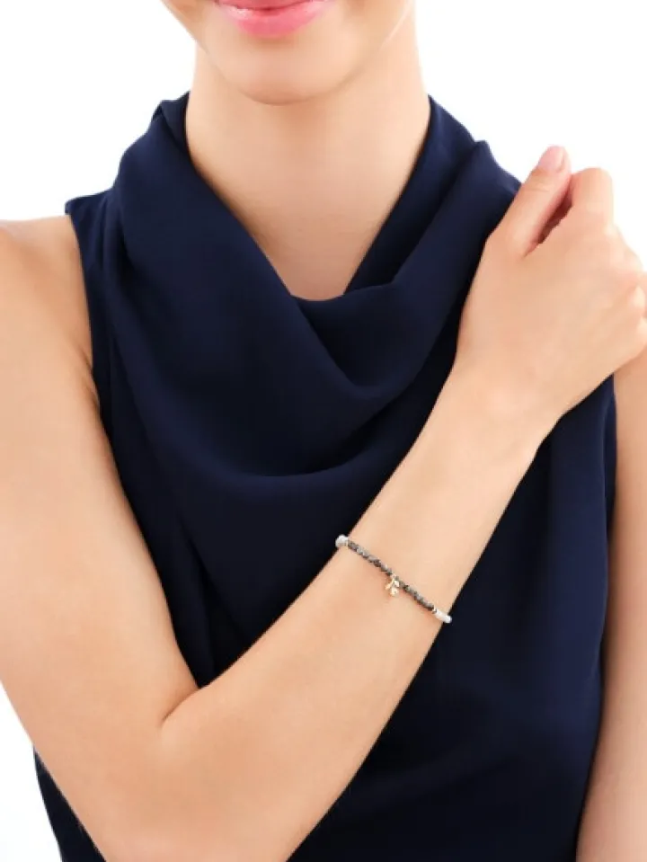 Bransoletka z diamentem, labradorytami, kryształami górskimi i elementami żółtego złota - róża, kwiat - próba 375