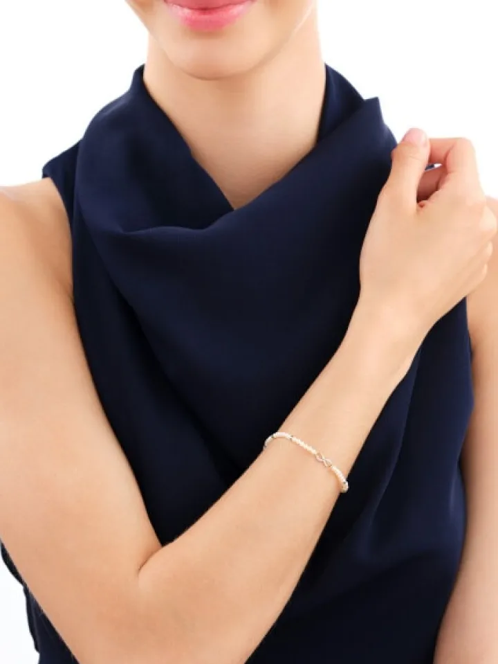 Bransoletka z diamentem, perłami i elementami żółtego złota - nieskończoność - 18 cm - próba 585