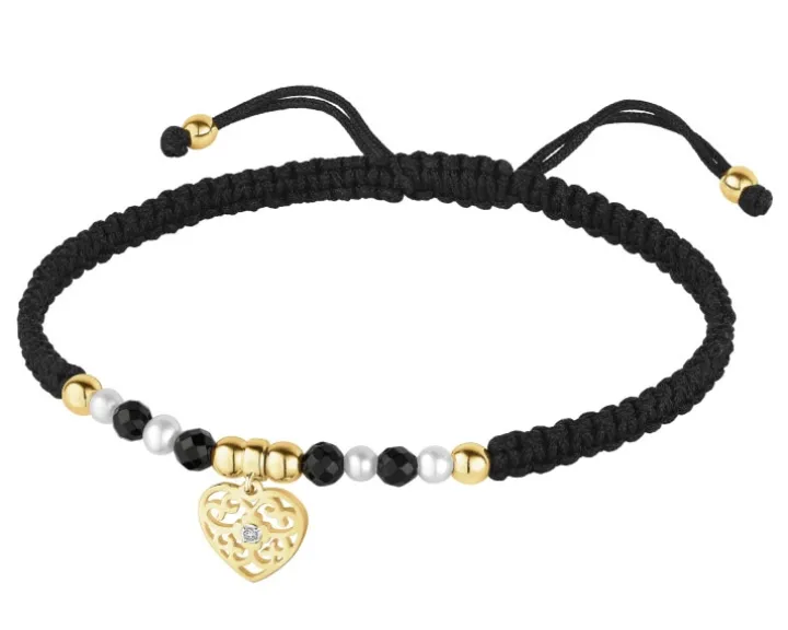 Bransoletka z diamentem, perłami, agatami i elementami żółtego złota - serce - próba 375