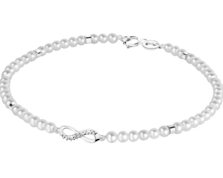 Bransoletka z diamentem, perłami i elementami białego złota - nieskończoność - 18 cm - próba 585