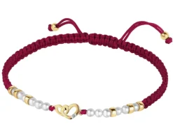 Bransoletka z diamentem, perłami i elementami  żółtego złota - serce - próba 375