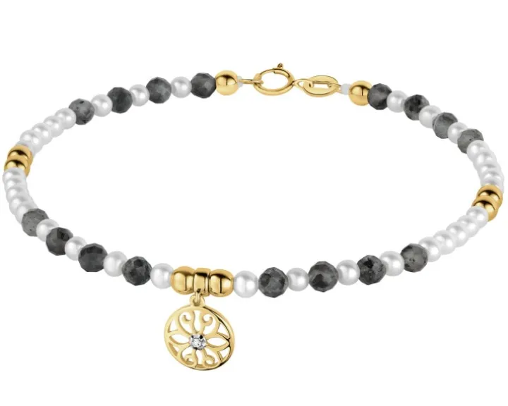 Bransoletka z diamentem, perłami, labradorytami i elementami żółtego złota - kwiat - 18 cm - próba 585