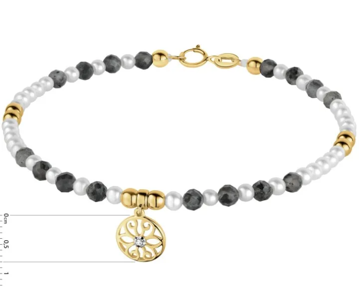 Bransoletka z diamentem, perłami, labradorytami i elementami żółtego złota - kwiat - 18 cm - próba 585