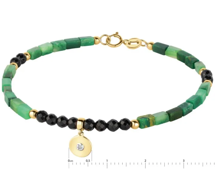 Bransoletka z diamentem, zoisytami, agatami i elementami żółtego złota - koło - 18 cm - próba 375