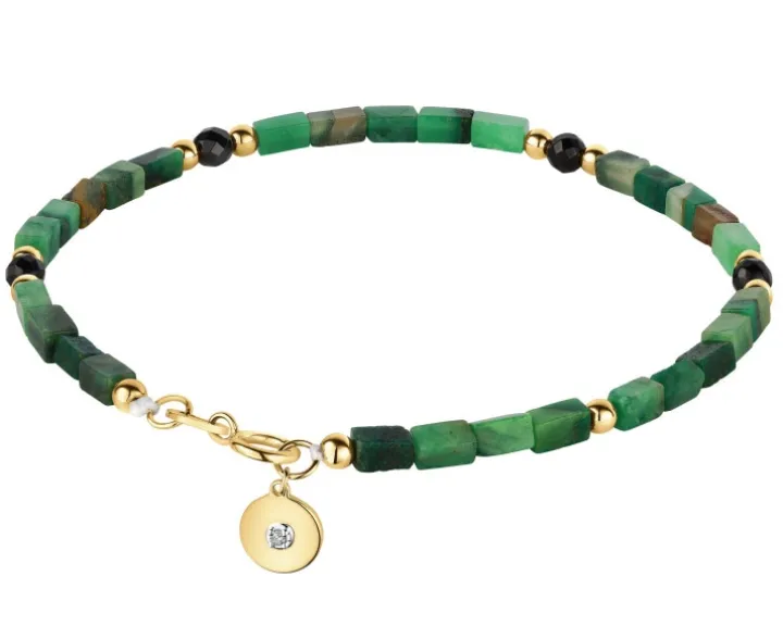 Bransoletka z diamentem, zoisytami, agatami i elementami żółtego złota - koło - 18 cm - próba 375