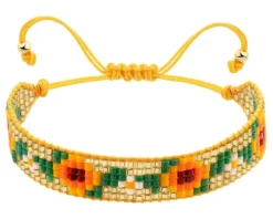 Bransoletka z elementami z żółtego złota i koralikami - kwiaty