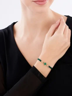 Bransoletka z malachitem naturalnym i elementami z żółtego złota - koniczyna