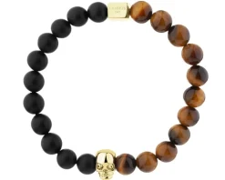 Bransoletka z mosiądzu pozłacana z agatami i tygrysim okiem - czaszka