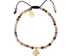 Bransoletka z mosiądzu pozłacana z turmalinami i cyrkoniami - koniczyna