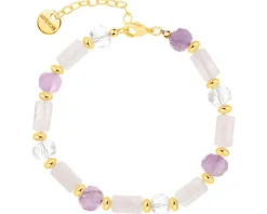 Bransoletka z mosiądzu pozłacana z kwarcami, kryształami i ametystami