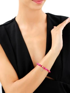 Bransoletka z mosiądzu pozłacana z tygrysim okiem i emalią - koniczyna