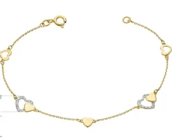 Bransoletka z żółtego złota z brylantami - serca - 0,04 ct - próba 375