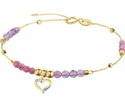 Bransoletka z żółtego złota z diamentami i kamieniami ozdobnymi - serce - próba 375