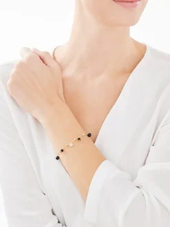 Bransoletka z żółtego złota z diamentem i agatami - kulki - próba 375