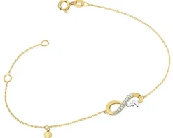 Bransoletka z żółtego złota z diamentami - nieskończoność, serce, EKG serca - 0,01 ct - próba 375