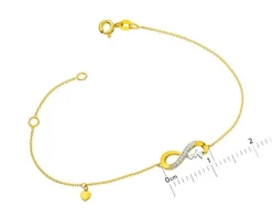 Bransoletka z żółtego złota z diamentami - nieskończoność, serce, EKG serca - 0,01 ct - próba 375