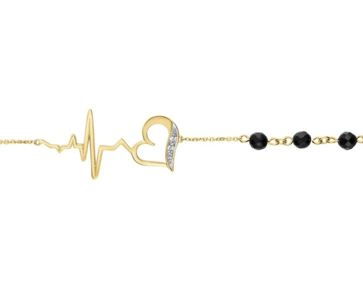 Bransoletka z żółtego złota z diamentami i agatami - EKG serca - próba 375