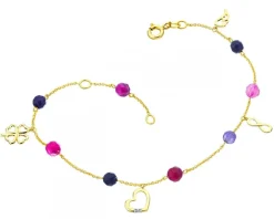 Bransoletka z żółtego złota z agatami i diamentem - serce, koniczyna, nieskończoność, skrzydło - próba 375