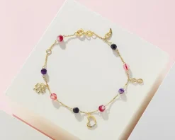 Bransoletka z żółtego złota z agatami i diamentem - serce, koniczyna, nieskończoność, skrzydło - próba 375