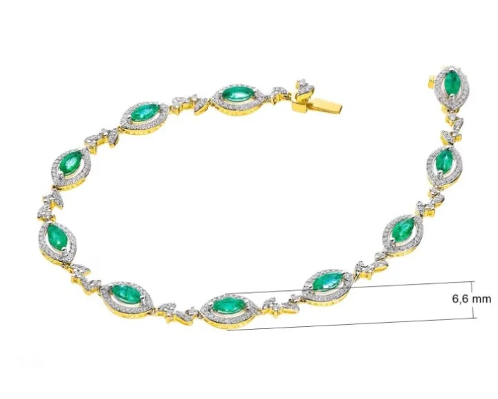 Bransoletka z żółtego złota z brylantami i szmaragdami - 18 cm - próba 585