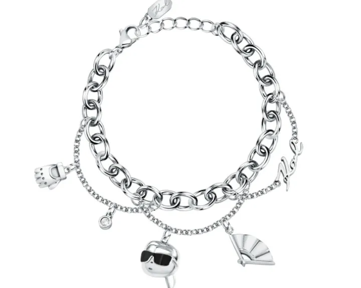 Bransoletka ze stali szlachetnej z cyrkoniami i emalią - wachlarz, rękawiczka, Karl Lagerfeld