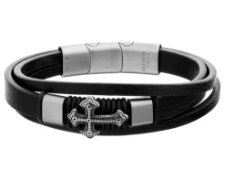 Bransoletka ze stali szlachetnej i skóry - krzyż